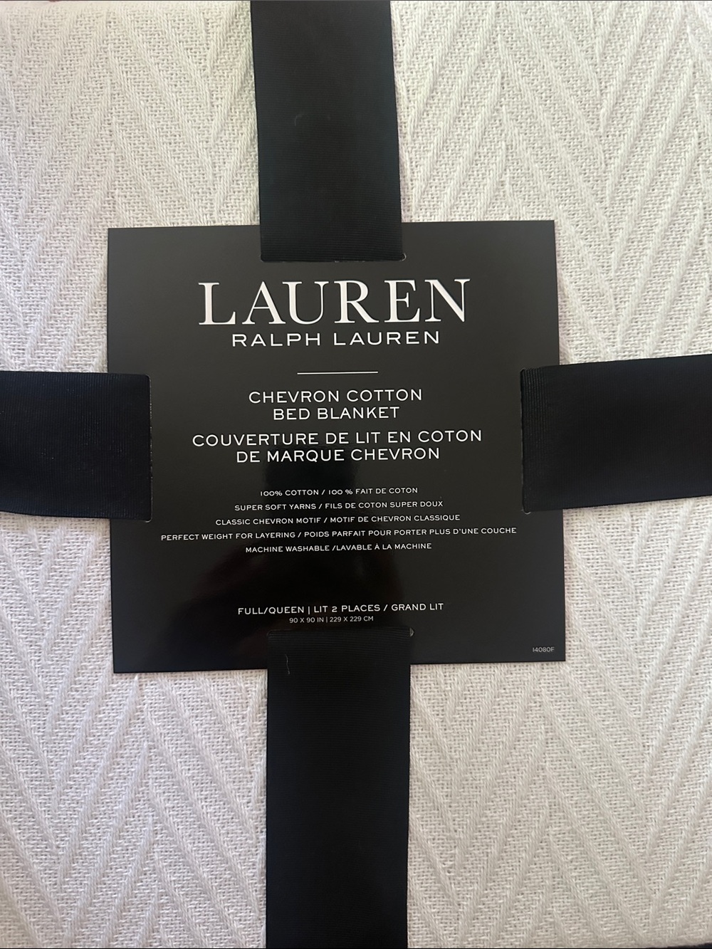 Lauren Ralph Lauren Queen White Chevron Cotton Bed Blanket 90 x 90